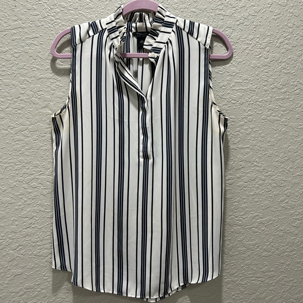 Ann Taylor Striped Button Sleeveless Top - M White & Navy